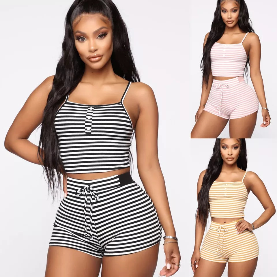 2PCS Women Sleepwear Summer Casual Bodycon Striped Crop Top and Shorts –  Shop68express